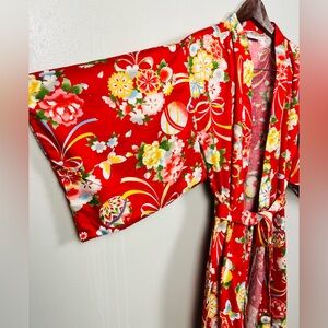 Vibrant Red Kimono-Style Robe – Colorful Floral & Ribbon Pattern – 100% Cotton